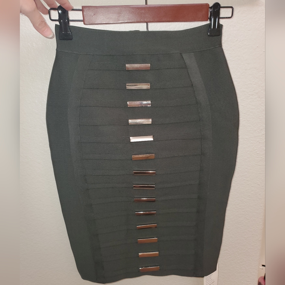 Green Midi Pencil Skirt with Ladder Cutouts